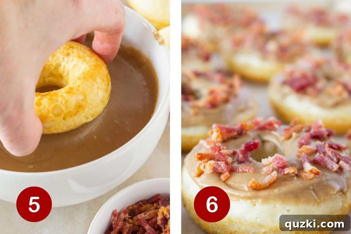 Sweet and Savory Maple Bacon Baked Donut Delight 6 The process of making the maple glaze, dipping donuts, and topping them with sliced bacon.