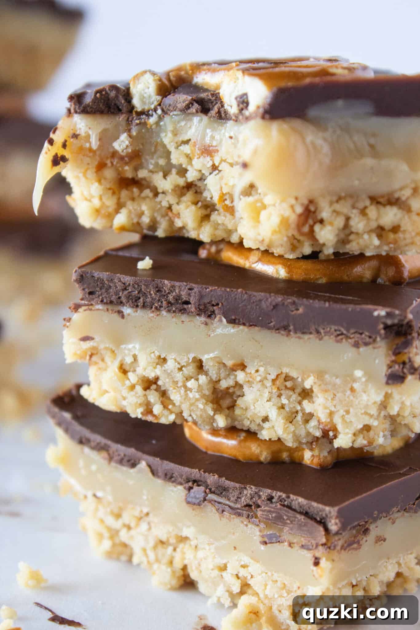 Final plated image of Easy No Bake Millionaire Bars with pretzels