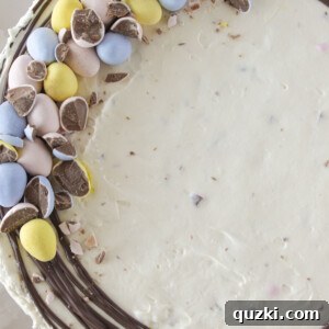 A whole Mini Egg No Bake Cheesecake, perfectly chilled and decorated.