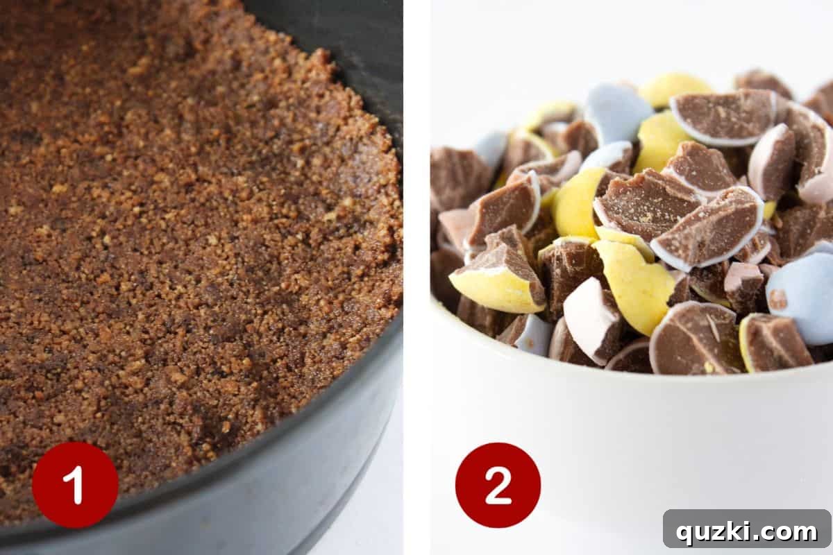 Step 1 shows chocolate chip cookie crumbs and melted butter being mixed for the crust. Step 2 illustrates chopped Cadbury Mini Eggs.