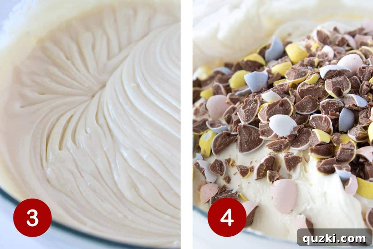 Step 3 illustrates the smooth mixing of cream cheese and sweetened condensed milk for the filling. Step 4 shows chopped Mini Cadbury Eggs being stirred into the creamy cheesecake mixture.