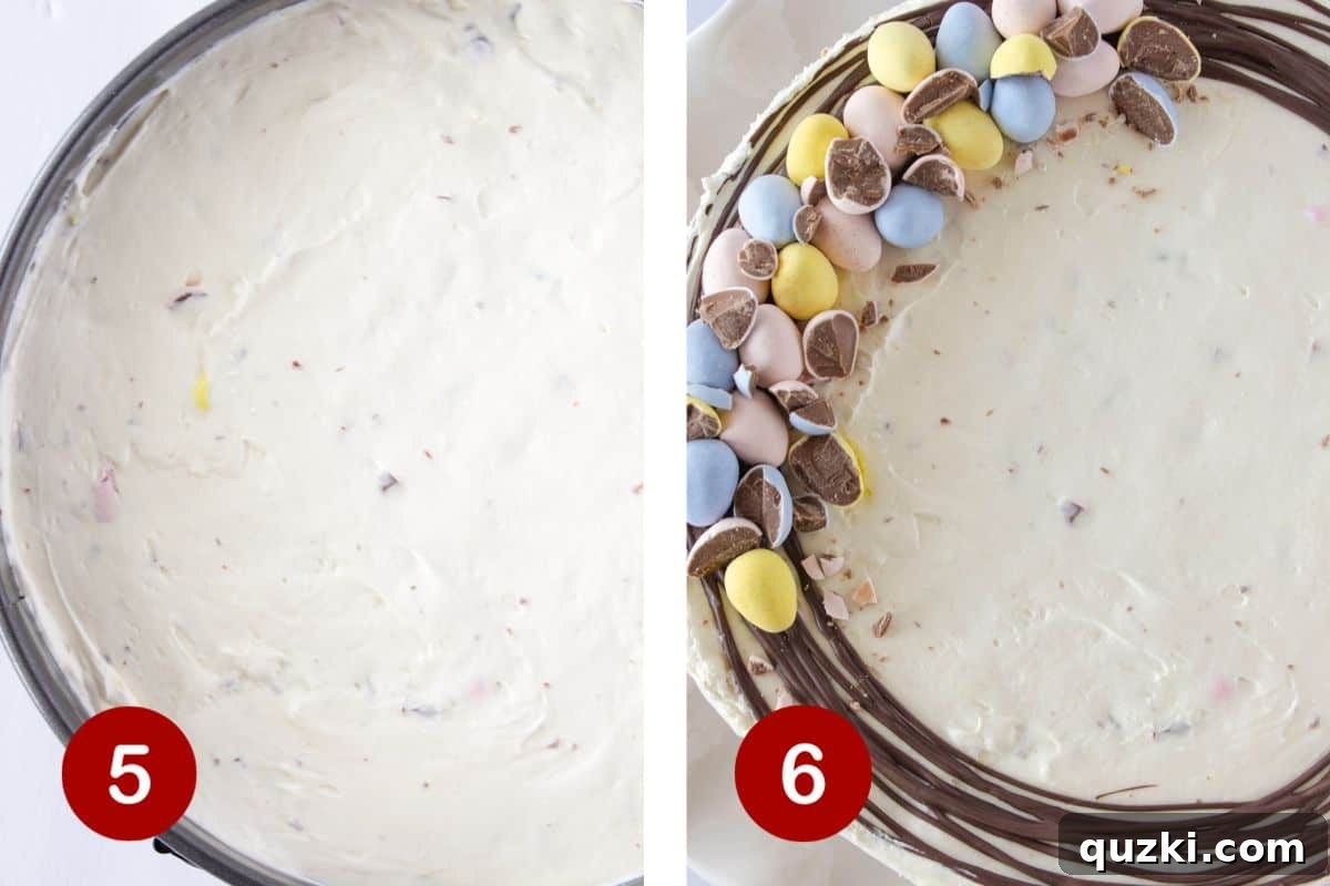 Step 5 shows the cheesecake batter being poured into the springform pan over the cookie crust, then being refrigerated. Step 6 depicts the finished cheesecake being drizzled with melted chocolate and adorned with Mini Cadbury Eggs.