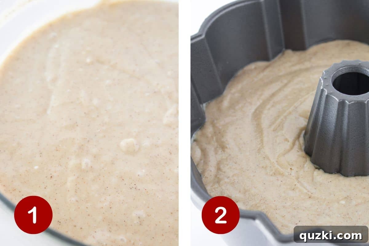 Cinnamon Sugar Churro Cake 4 Step-by-step images showing the cake batter being prepared and poured into a Bundt pan.