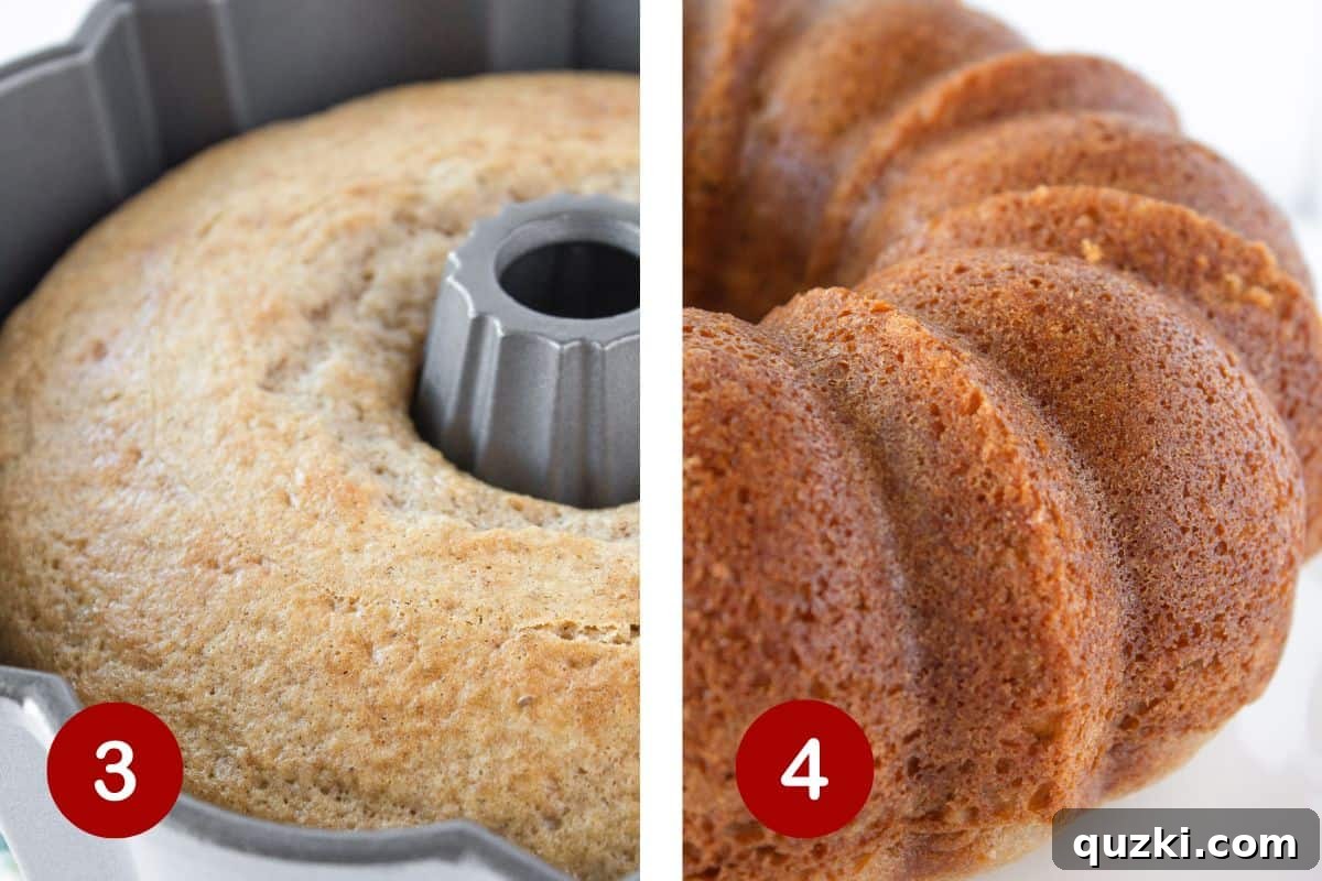Cinnamon Sugar Churro Cake 5 Visual guide to baking the churro bundt cake and carefully turning it out of the pan.