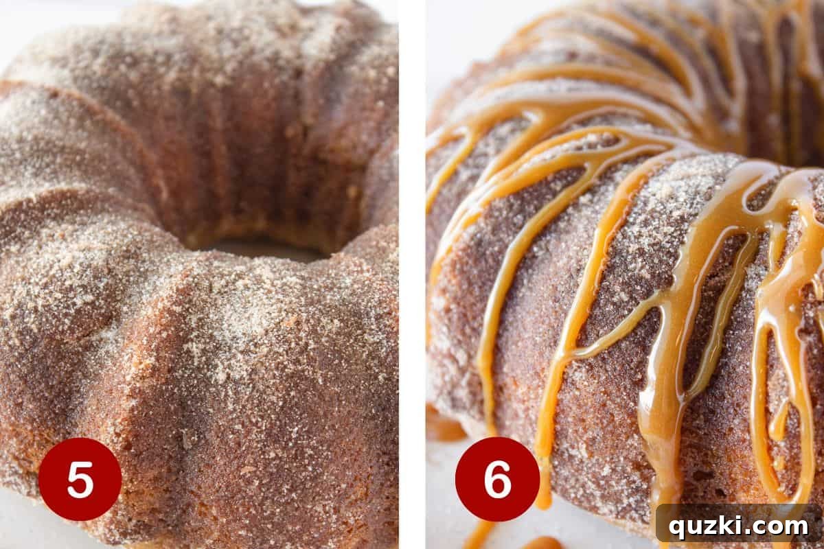 Cinnamon Sugar Churro Cake 6 The final steps: coating the cake with butter and cinnamon sugar, then adding a luxurious caramel sauce.