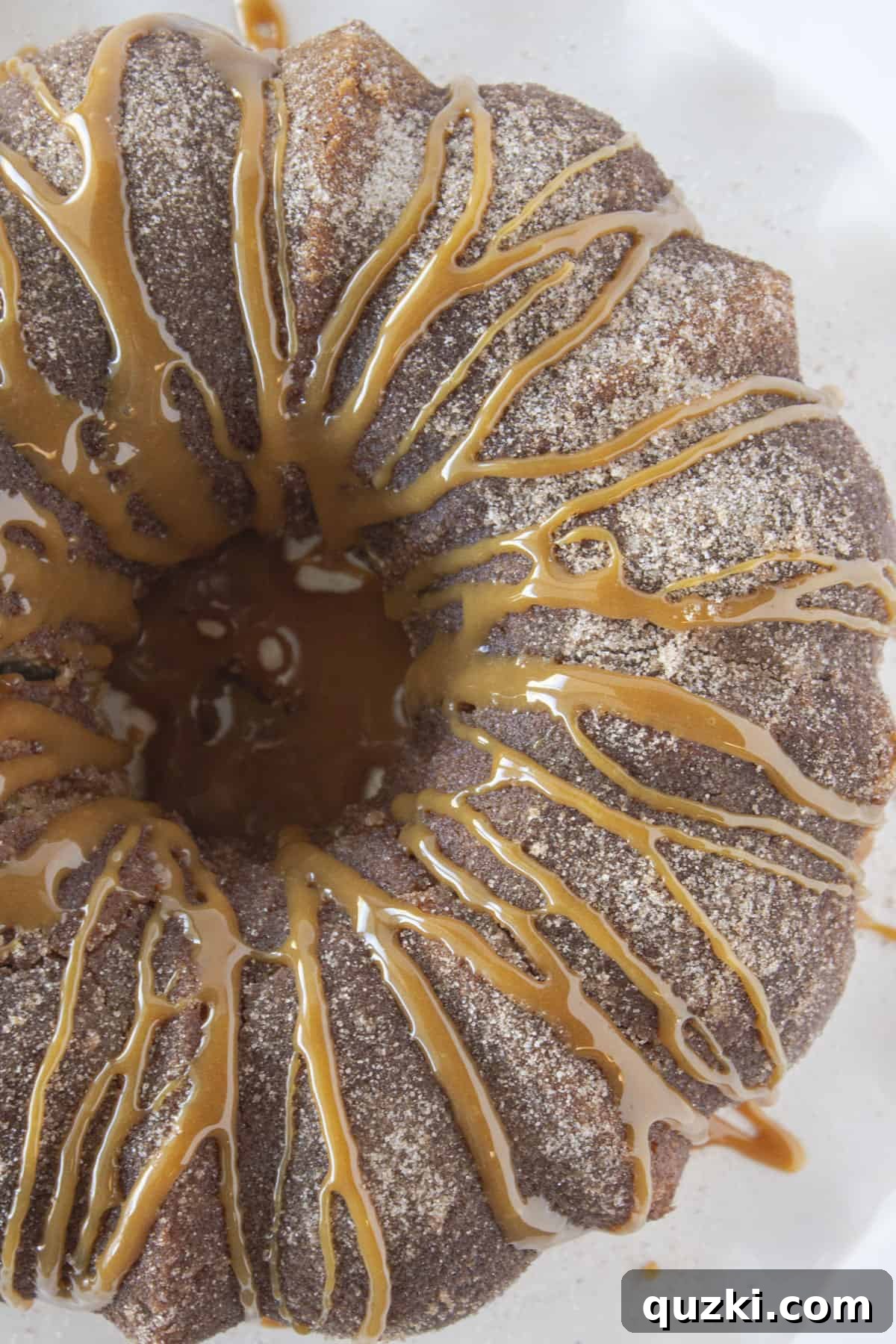 Cinnamon Sugar Churro Cake 7 A beautifully finished churro bundt cake, generously drizzled with caramel sauce, ready to be served.