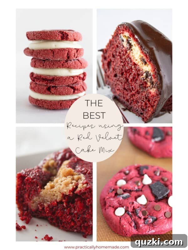 Red Velvet Whoopie Pies Made with Cake Mix 13 A collage of four desserts using a red velvet cake mix.