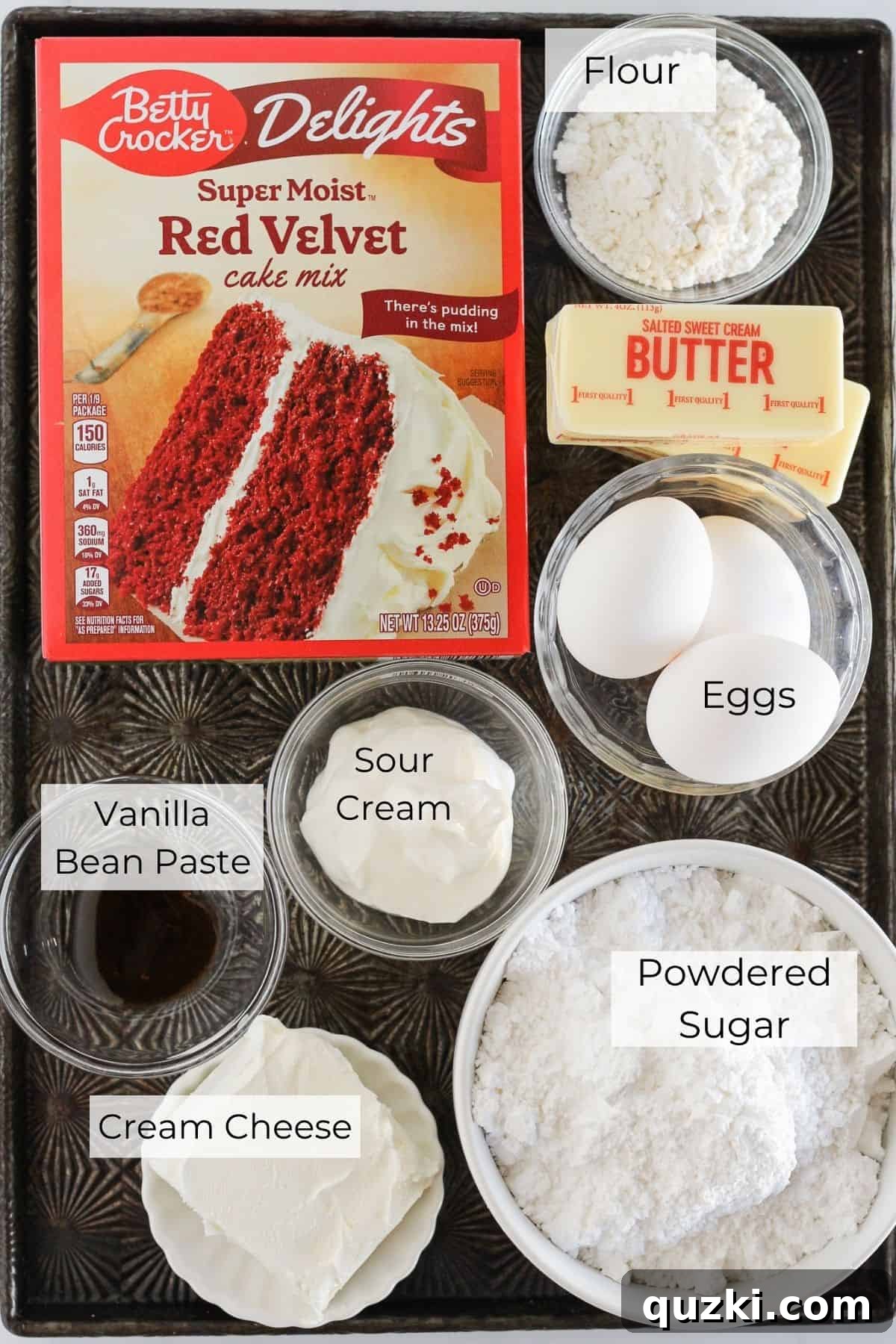 Red Velvet Whoopie Pies Made with Cake Mix 3 The ingredients needed to make cake mix red velvet whoopie pies.