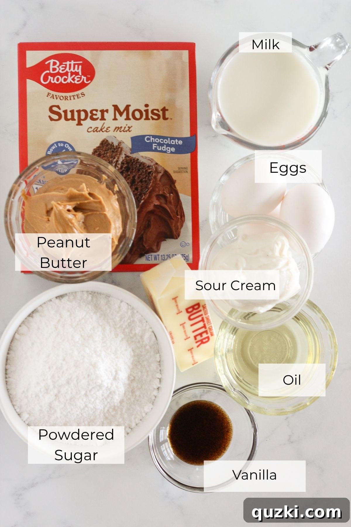 Chocolate Peanut Butter Cake Recipe Using Cake Mix 3 The ingredients needed to make chocolate peanut butter cake.