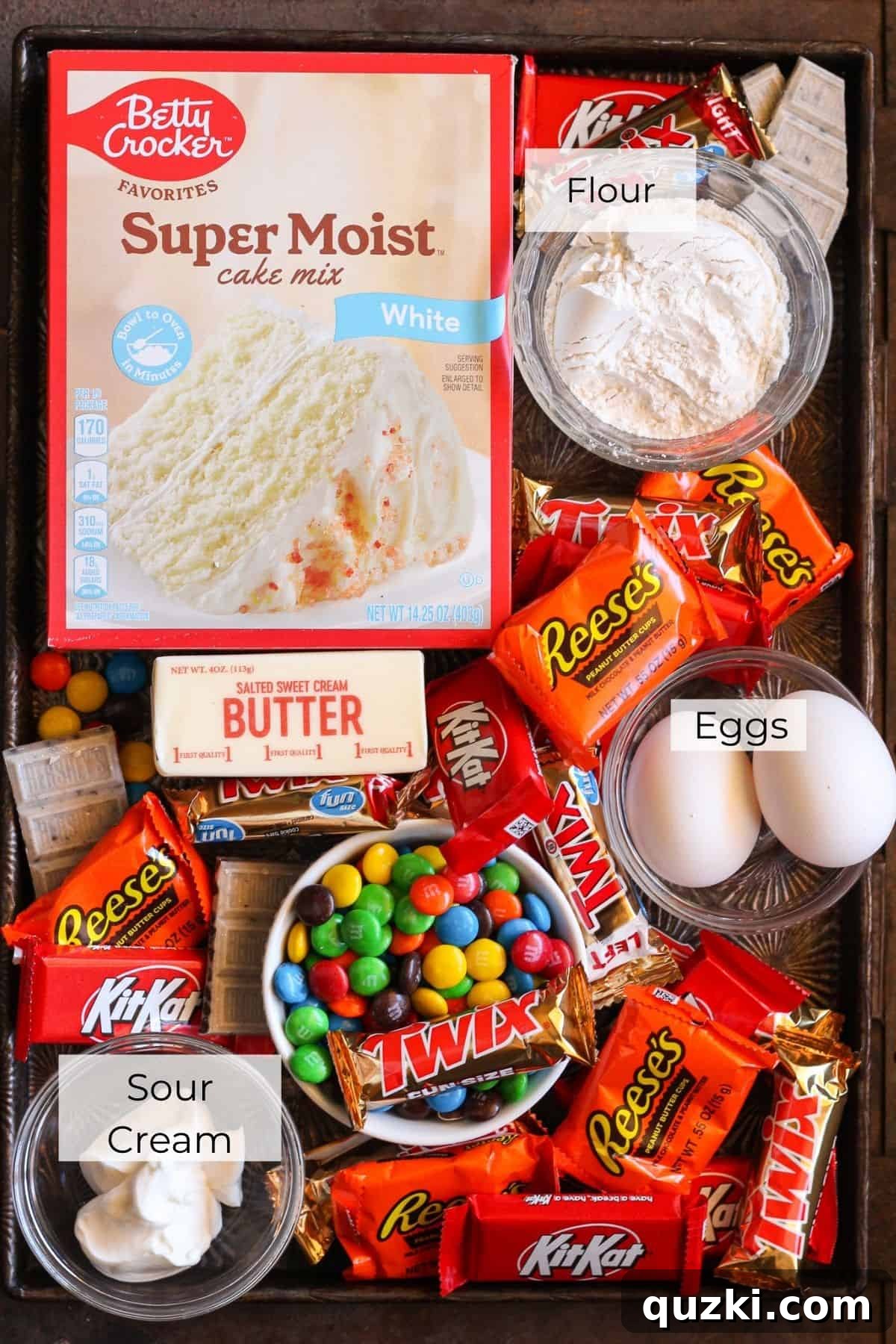 Halloween Candy Cookies Made with Cake Mix 3 The ingredients needed to make Halloween candy cookies.