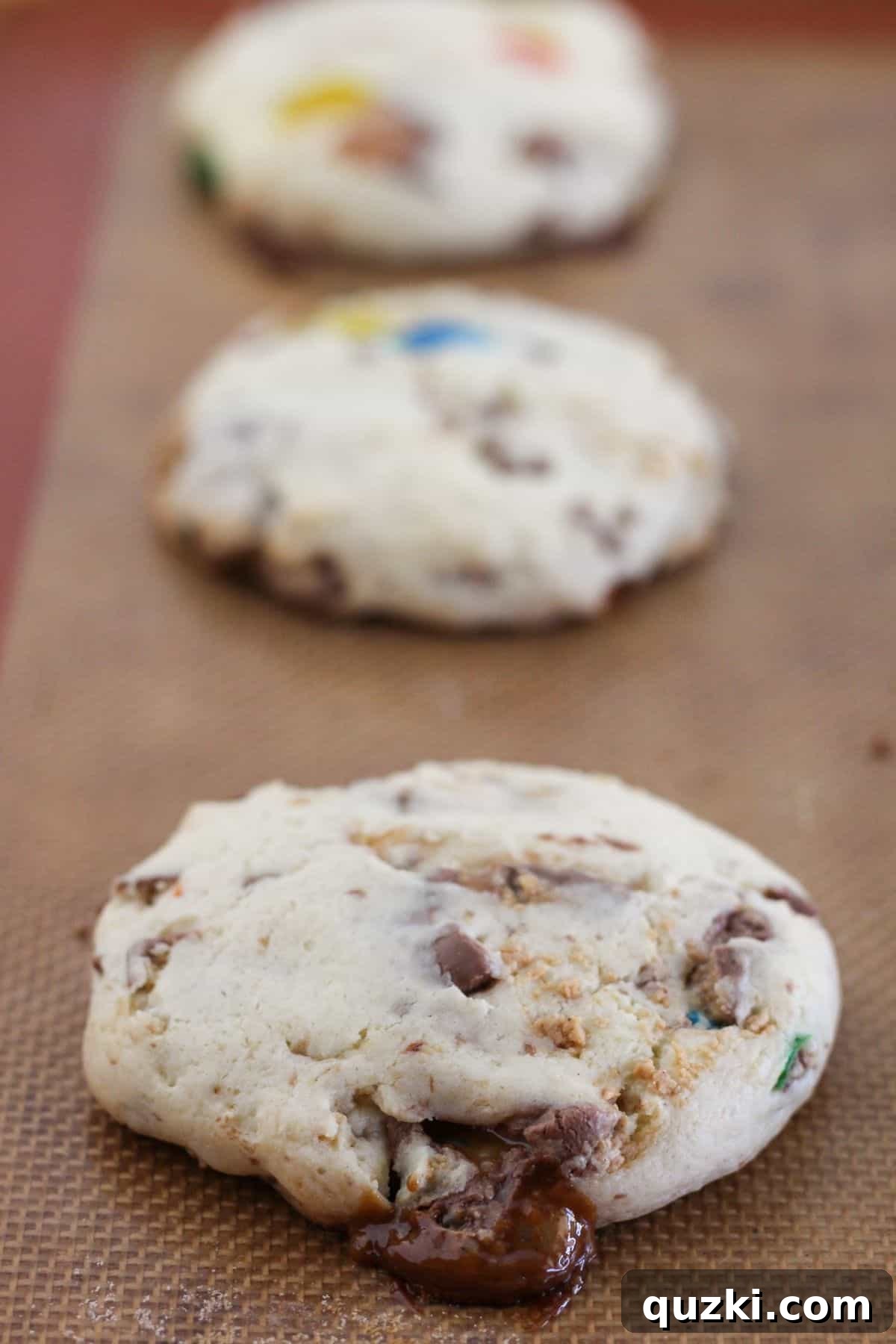 Halloween Candy Cookies Made with Cake Mix 6 Baked candy cookies on a tray.